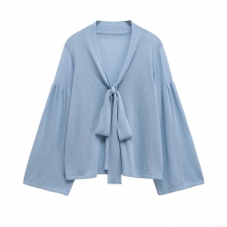 Women's V Neck Lantern Sleeve Tie Front Knit Blouse Elegant Solid Color Semi-transparent Shirt Top for Spring Fashion Casual Dating Lady