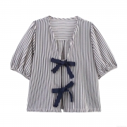 Women Blue White Striped Seersucker Blouse Polyester Short Lantern Sleeve V-Neck Double Bow Tie Casual Sweet Summer Tops For Women Shirt