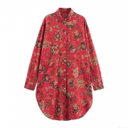 Women's Vintage Floral Print Long Sleeve Shirt Casual Button Down Poplin Blouse Red Longline Loose Fit Top For Ladies Spring Autumn Outfits