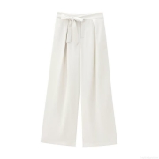 Women High Waist Wide Leg Trousers Elegant Polyester Twill Fabric Tied Bow Belt Solid Creamy White Casual Office Workwear Fashion Loose Full Length Pants