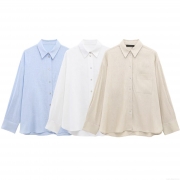 Women's Casual Linen Blend Long Sleeve Shirt Solid Color Button Down Lapel Blouse With Pocket For Daily Office Wear Spring Autumn