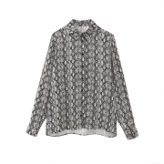 Elegant Snake Print Long Sleeve Shirt For Women 100% Polyester Button Down Lapel Blouse Casual Office Party Tops