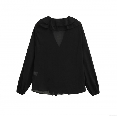 Women's Sexy V-Neck Chiffon Blouse Elegant Long Sleeve Ruffle Shirt With Backless Sheer Design Solid Color Black Tops For Party Dating