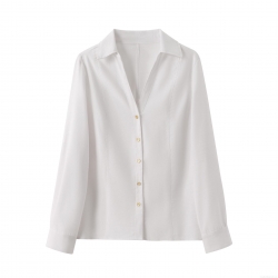 Women's Casual V Neck Long Sleeve Shirt Polyester Blouse With Gold Buttons Roll Up Sleeve Standard Fit Top For Office Daily Fashion White Shirt