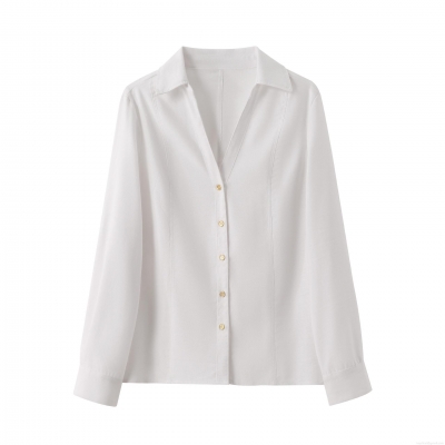 Women's Casual V Neck Long Sleeve Shirt Polyester Blouse With Gold Buttons Roll Up Sleeve Standard Fit Top For Office Daily Fashion White Shirt
