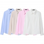 Women Long Sleeve Shirt Polyester Solid Color Turn-down Collar Button Down Blouse For Office Work Casual Elegant Fashion Lady Top