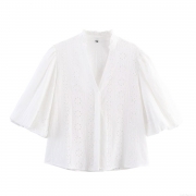 Women's Elegant Eyelet Embroidery Blouse V Neck Puff Sleeve Cotton Blend Top Casual Summer Hidden Button Shirt Sweet Retro Style for Women