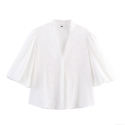Women's Elegant Eyelet Embroidery Blouse V Neck Puff Sleeve Cotton Blend Top Casual Summer Hidden Button Shirt Sweet Retro Style for Women