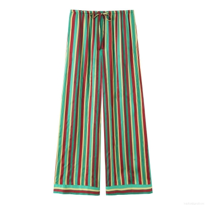 Women's Colorful Vertical Striped Wide Leg Pants Casual High Waist Drawstring Loose Lounge Trousers Satin Silky Pajama Style Straight Pants