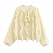 Women's Elegant Polyester Ruffle V-Neck Blouse Vintage Lantern Long Sleeve Tassel Tie Shirt Cream Solid Color Romantic Chic Top