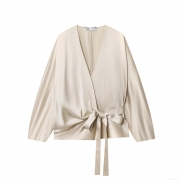Women's Elegant Satin Wrap Blouse Long Sleeve V-Neck Tie Waist Bow Shirt For Daily Party Socialite Women Top