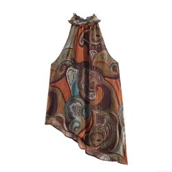 Women's Bohemian Paisley Print Halter Neck Top With Metallic Thread Asymmetric Hem Sleeveless High Neck Blouse For Party Vacation Ethnic Style Retro Slim Fit Tunic