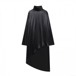 Women Elegant Black Satin Asymmetric Shirt Mock Neck Long Sleeve Cutout Pullover Blouse Longline Spliced Fashion Top For Party Evening Daily