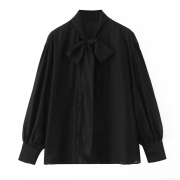 Women Fashion Casual Bow Tie Neck Long Sleeve Blouse Elegant Lantern Sleeve Satin Texture Button Down Shirt For Office Daily Party Lady Top