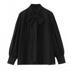Women Fashion Casual Bow Tie Neck Long Sleeve Blouse Elegant Lantern Sleeve Satin Texture Button Down Shirt For Office Daily Party Lady Top