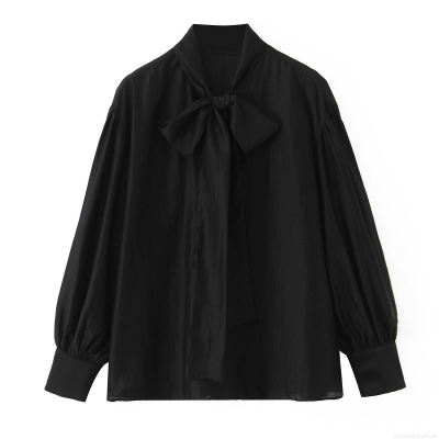 Women Fashion Casual Bow Tie Neck Long Sleeve Blouse Elegant Lantern Sleeve Satin Texture Button Down Shirt For Office Daily Party Lady Top