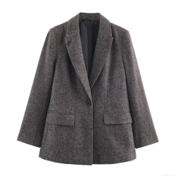 Women Herringbone Tweed Blazer Jacket Wool Polyester Blend Single Breasted Notch Lapel Casual Office Work Wear Fashion Outerwear Coat