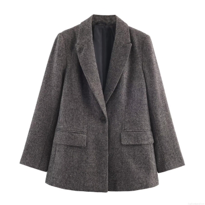 Women Herringbone Tweed Blazer Jacket Wool Polyester Blend Single Breasted Notch Lapel Casual Office Work Wear Fashion Outerwear Coat