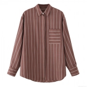 Women's Fashion Striped Shirt Long Sleeve Lapel Collar Button Down Blouse With Pocket Casual Office Commute Polyester Tops For Lady