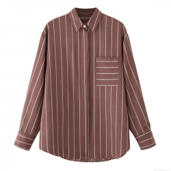 Women's Fashion Striped Shirt Long Sleeve Lapel Collar Button Down Blouse With Pocket Casual Office Commute Polyester Tops For Lady