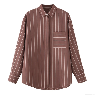 Women's Fashion Striped Shirt Long Sleeve Lapel Collar Button Down Blouse With Pocket Casual Office Commute Polyester Tops For Lady
