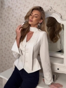 Women Striped Blazer Top Slim Fit V-Neck Peplum Hem Cinched Waist Long Sleeve Single Breasted Elegant Retro Office Party Polyester Jacket Lady
