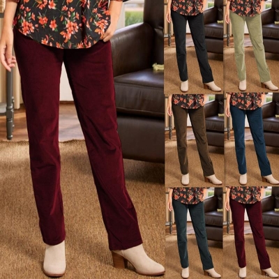 Women's Corduroy Straight Leg Pants Casual Elastic High Waist Solid Color Trousers With Pockets Warm Autumn Winter Loose Fit Long Pants For Women