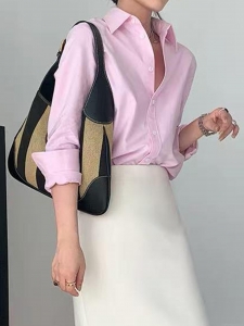 Women's Casual Long Sleeve Blouse 100% Polyester V-Neck Button Down Shirt Solid Color Slim Fit Y2K Vintage Top for Daily Office Wear