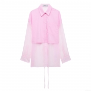 Women's Pink Organza Splicing Long Sleeve Shirt Sheer Mesh Patchwork Button Down Blouse With Waist Tie Sweet Casual Mid-Length Top For Ladies