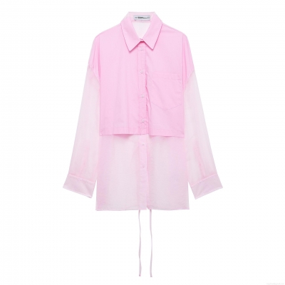 Women's Pink Organza Splicing Long Sleeve Shirt Sheer Mesh Patchwork Button Down Blouse With Waist Tie Sweet Casual Mid-Length Top For Ladies