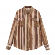 Women's Casual Striped Chiffon Blouse Loose Fit Long Sleeve Button Down Shirt With Chest Pockets 100% Polyester Lightweight Tops For Daily Travel