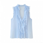 Women's Sky Blue Chiffon Sleeveless Blouse With Ruffle Detail V-Neck Loose Summer Tank Top Sweet Solid Color Casual Shirts For Ladies