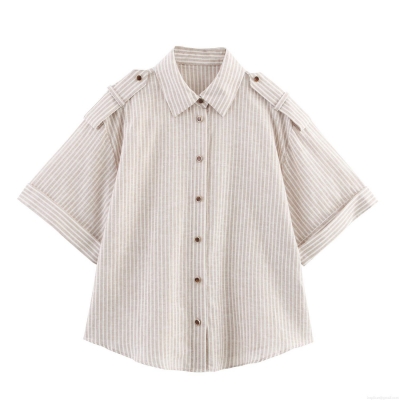 Women's Striped Short Sleeve Shirt Linen Blend Loose Casual Top with Shoulder Tabs and Turn-down Collar Vertical Striped Button Down Blouse for Summer Work Travel