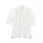 Women's Elegant White Lace Hollow Out Blouse Short Puff Sleeve Lapel Button Down Embroidery Summer Shirt Irregular Hem Casual Tops