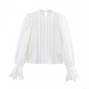 Women Elegant Lace Patchwork Blouse Long Flare Sleeve Pleated Round Neck Top Solid White Polyester Commuter Pullover Shirts for Women