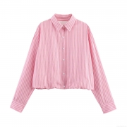 Women's Sweet Pink White Striped Long Sleeve Blouse Fashion Lapel Single Breasted Shirt With Elastic Hem Puff Sleeve Style Casual Top For Daily Wear