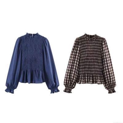 Women's Long Sleeve Gingham Blouse Cotton Blend Smocked Ruffle Stand Collar Lantern Sleeve Pullover Blouse Top For Women Spring Streetwear