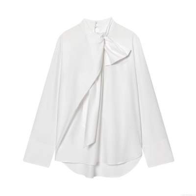 Women's Fashion White Poplin Blouse Featuring Oversized Bow Tie Design Stand Collar Loose Fit Long Sleeve Casual Streetwear Pullover Shirt Top