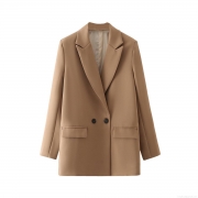 Women's Classic Double Breasted Blazer Notch Lapel Slim Fit Office Lady Suit Jacket Casual Long Sleeve Solid Color Outwear Polyester Coats
