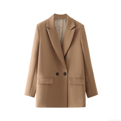 Women's Classic Double Breasted Blazer Notch Lapel Slim Fit Office Lady Suit Jacket Casual Long Sleeve Solid Color Outwear Polyester Coats