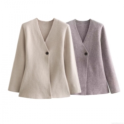 Women's Casual Knit Blazer Jacket Solid Color V Neck Single Button Cardigan Long Sleeve Slim Fit Soft Polyester Streetwear Outerwear For Autumn Spring