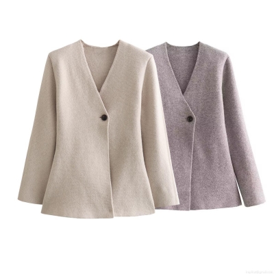Women's Casual Knit Blazer Jacket Solid Color V Neck Single Button Cardigan Long Sleeve Slim Fit Soft Polyester Streetwear Outerwear For Autumn Spring