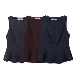 Women's Sleeveless Peplum Top Polyester Round Neck Layered Button Office Blouse For Work Daily Casual European Fashion Chic Striped Solid Shirt