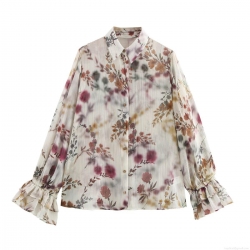 Women's Long Sleeve Floral Print Chiffon Blouse With Metallic Gold Wire Pleated Design Ruffle Cuff Button Down Shirt For Streetwear Office Spring