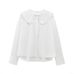 Women Elegant Embroidery Peter Pan Collar Blouse 100% Polyester Long Sleeve Button Down Shirt Retro Solid White Casual Top Office Daily Wear Fashion