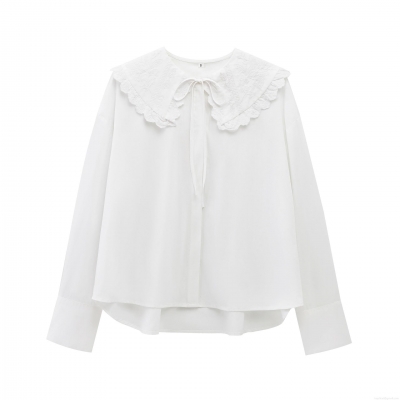 Women Elegant Embroidery Peter Pan Collar Blouse 100% Polyester Long Sleeve Button Down Shirt Retro Solid White Casual Top Office Daily Wear Fashion