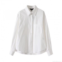 Women's Minimalist White Long Sleeve Blouse Asymmetrical Hem Cotton Blend Shirt Casual Lapel Button Up Top With Chest Pocket For Women Office Streetwear