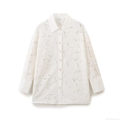 Women's Casual Hollow Out Embroidered Shirt Cotton Blend Long Sleeve Turn-down Collar Loose Blouse for Commuting Work Streetwear White Tops