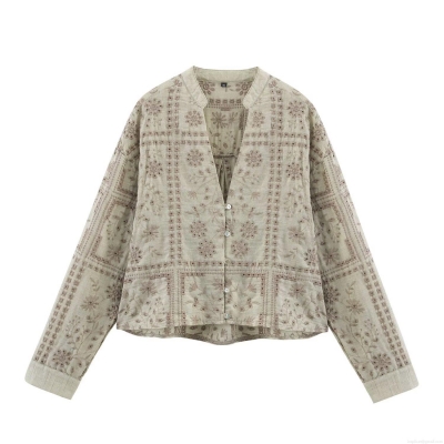 Women's Vintage Sage Green Floral Embroidery Blouse Long Sleeve Cotton Blend Eyelet Hollow Shirt V Neck Single Breasted Casual Ethnic Tops