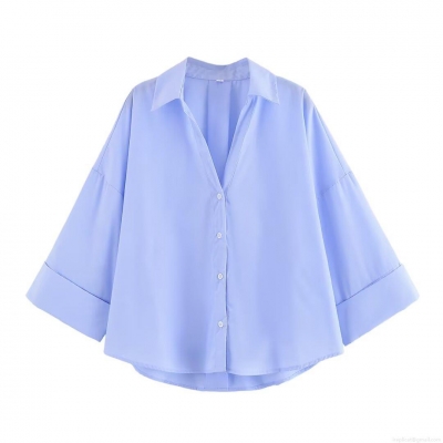 Women's Light Blue Poplin Shirt Oversized Cotton Blend Single Breasted Turn Down Collar Long Sleeve Blouse Streetwear Casual Fashion Top